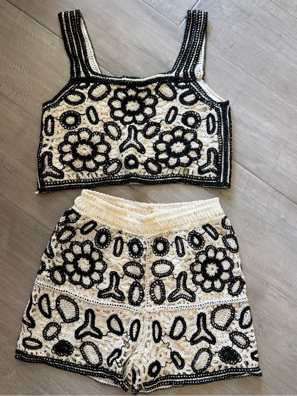 Rebellion Cream & Black Crochet High-Waist Shorts Set